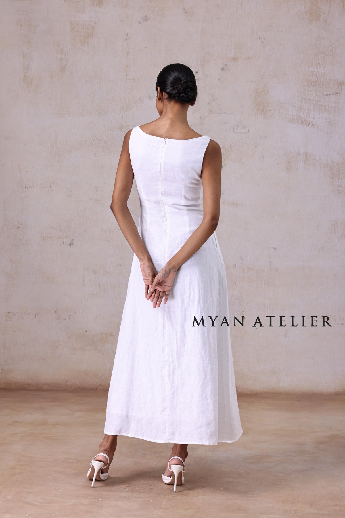 AMORA | Linen Wedding Dress | Boat Neck, Sleeveless & Botanical Accents | MADE TO MEASURE
