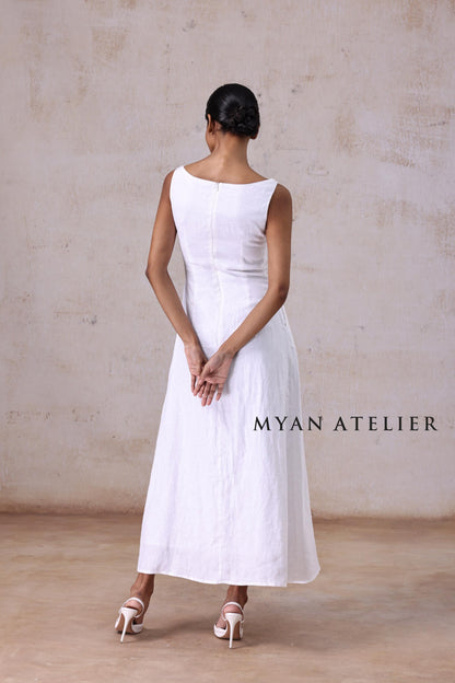 AMORA | Linen Wedding Dress | Boat Neck, Sleeveless & Botanical Accents | MADE TO MEASURE