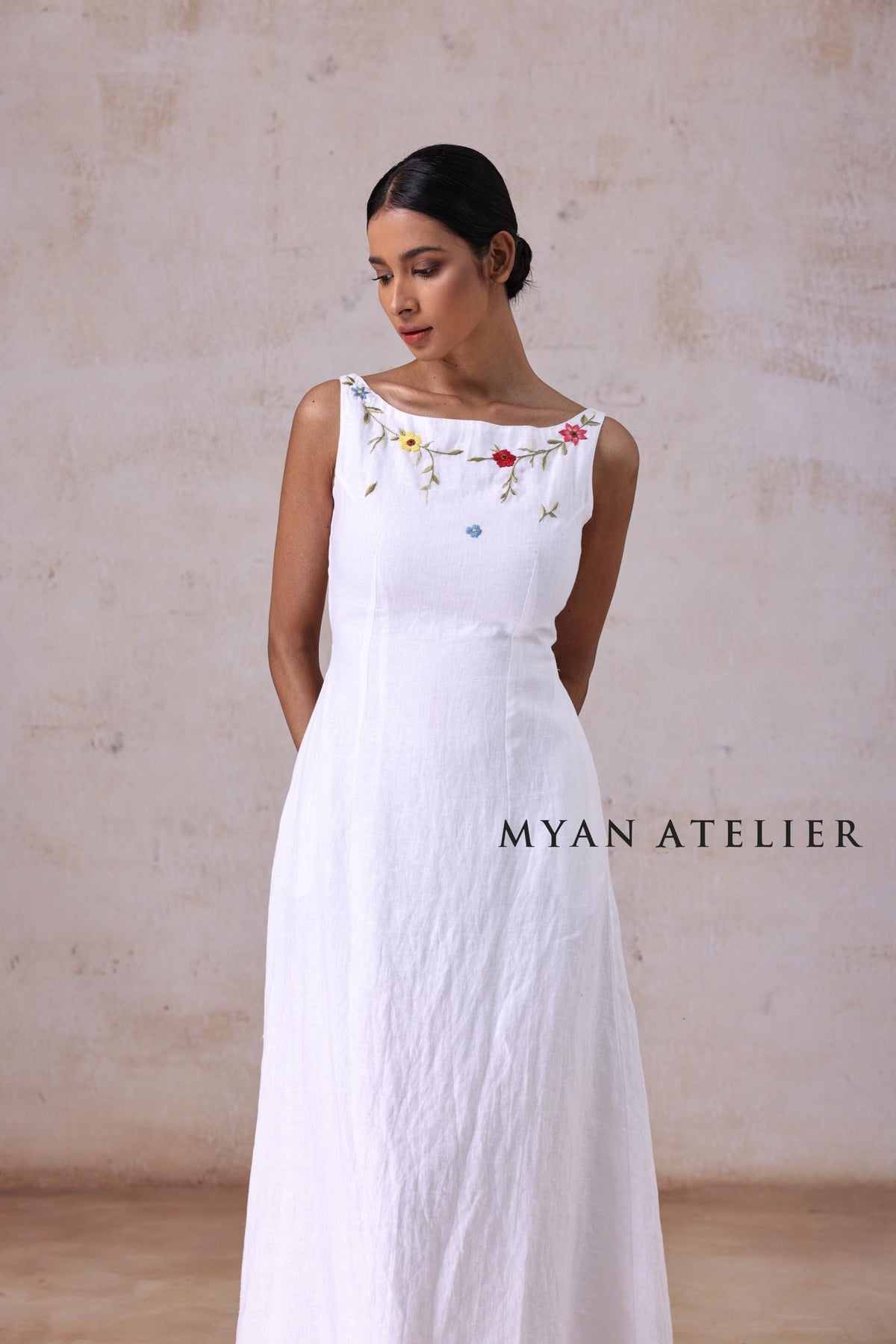 AMORA | Linen Wedding Dress | Boat Neck, Sleeveless & Botanical Accents | MADE TO MEASURE