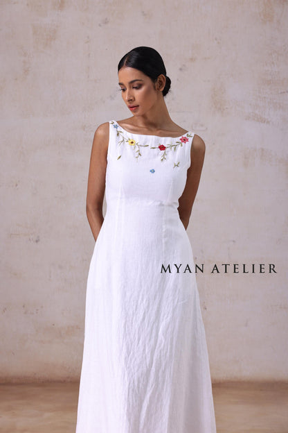 AMORA | Linen Wedding Dress | Boat Neck, Sleeveless & Botanical Accents | MADE TO MEASURE