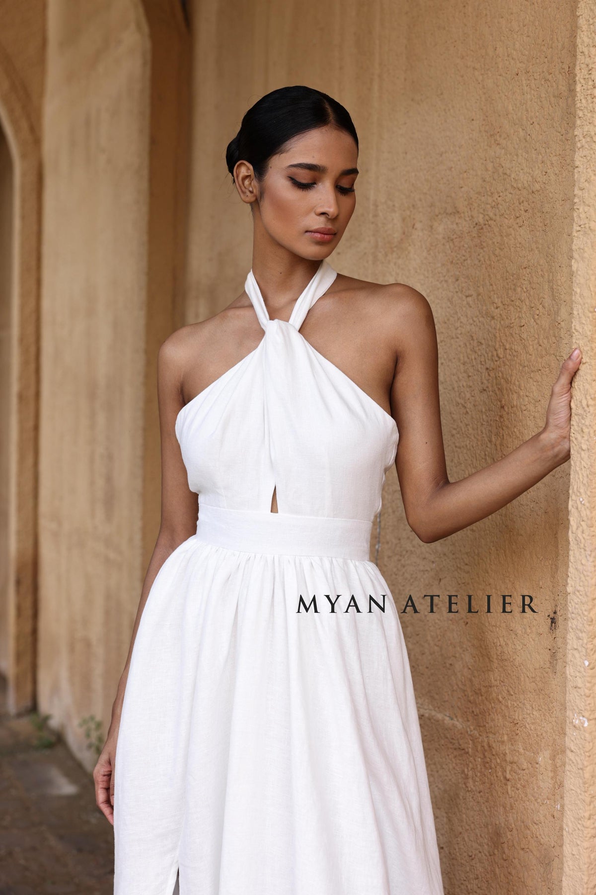 SOLENA | Linen Wedding Dress | Open Back, Neck Bow & Front Slit | MADE TO MEASURE