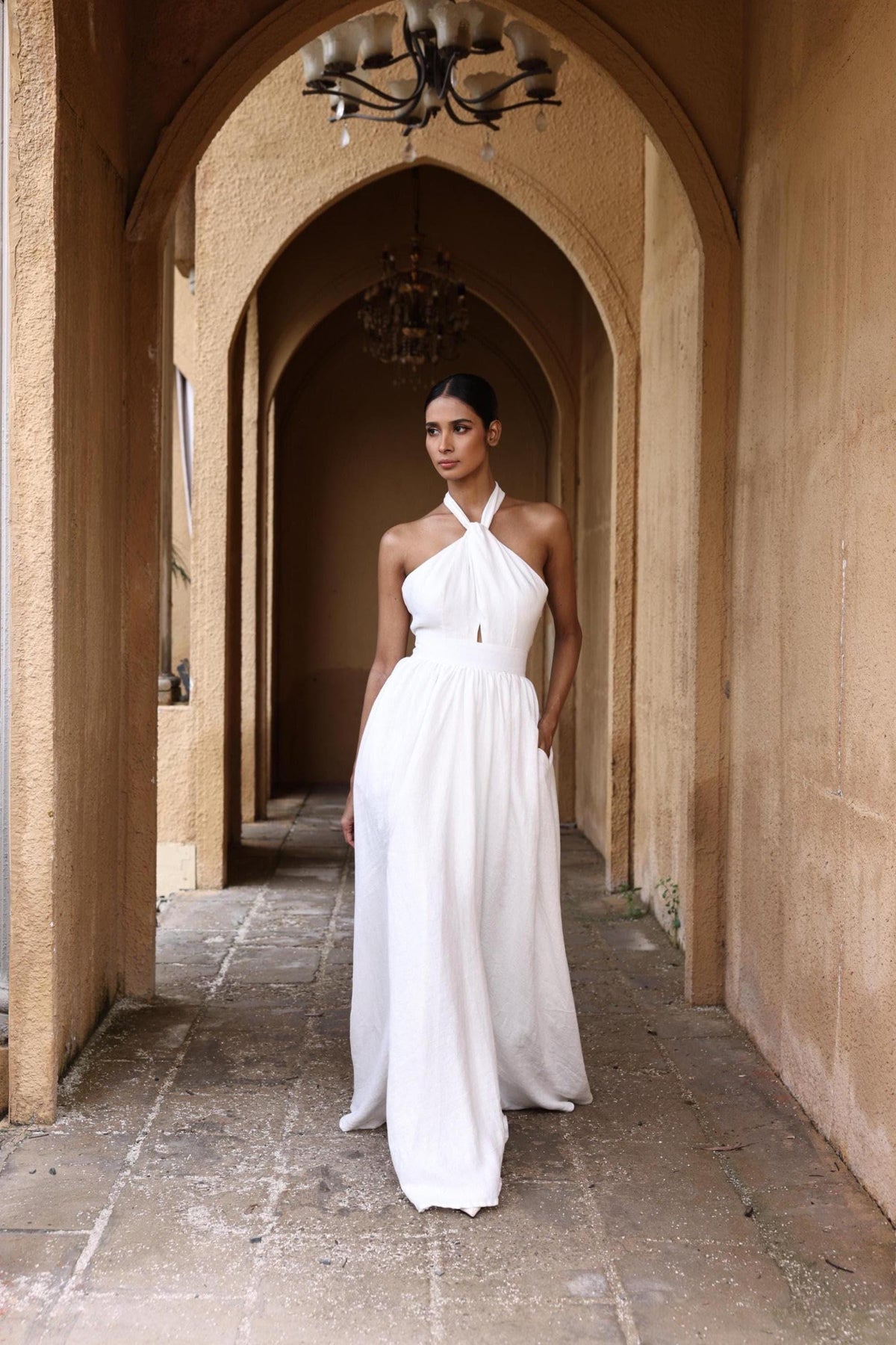 SOLENA | Linen Wedding Dress | Open Back, Neck Bow & Front Slit | MADE TO MEASURE