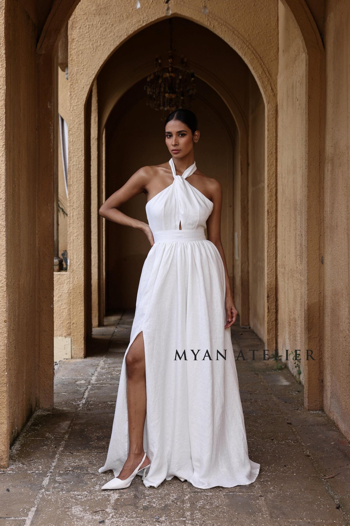 SOLENA | Linen Wedding Dress | Open Back, Neck Bow & Front Slit | MADE TO MEASURE