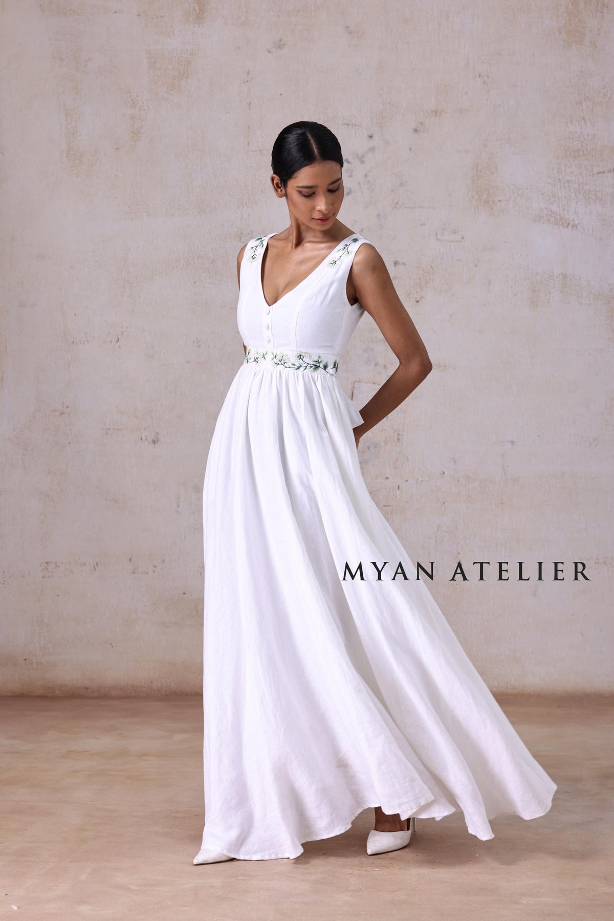 MARCELLE | Linen Wedding Dress | V Neck, Raised Waist & Green Floral Accents | MADE TO MEASURE