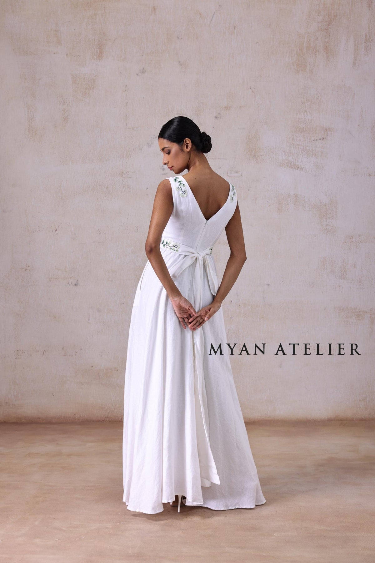 MARCELLE | Linen Wedding Dress | V Neck, Raised Waist & Green Floral Accents | MADE TO MEASURE