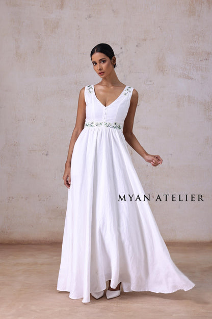 MARCELLE | Linen Wedding Dress | V Neck, Raised Waist & Green Floral Accents | MADE TO MEASURE