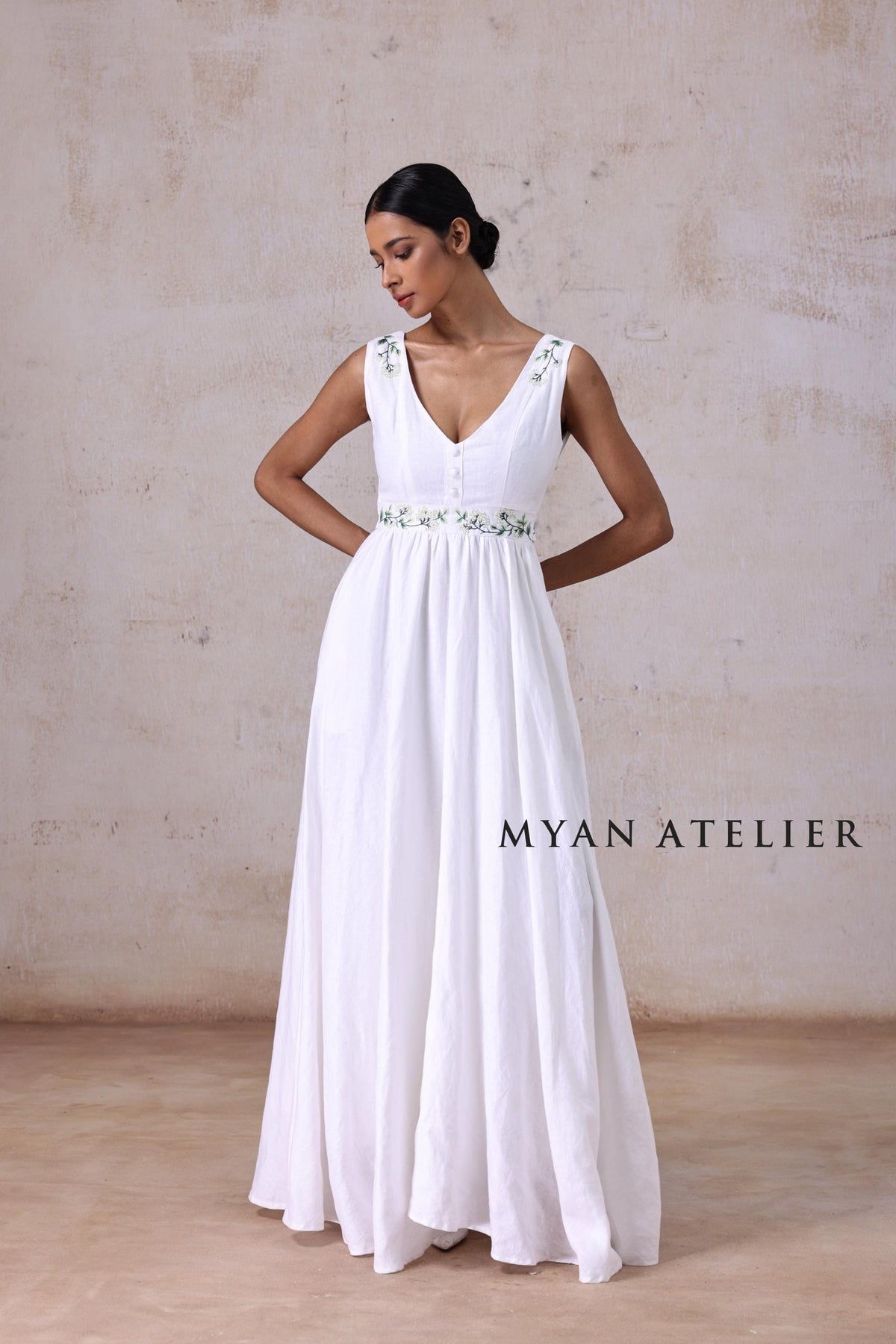 MARCELLE | Linen Wedding Dress | V Neck, Raised Waist & Green Floral Accents | MADE TO MEASURE