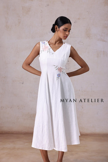 ELYSIA | Linen Wedding Dress | V Neck & Asymmetric Botanical Details | MADE TO MEASURE