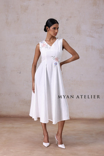 ELYSIA | Linen Wedding Dress | V Neck & Asymmetric Botanical Details | MADE TO MEASURE