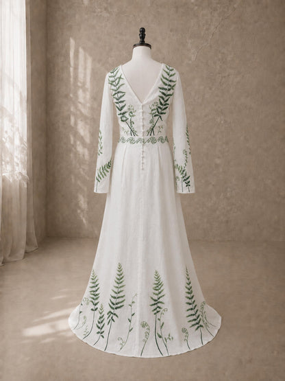 VERONA | Linen Wedding Dress | V Neck, Flared Sleeves & Fern Motifs | MADE TO MEASURE