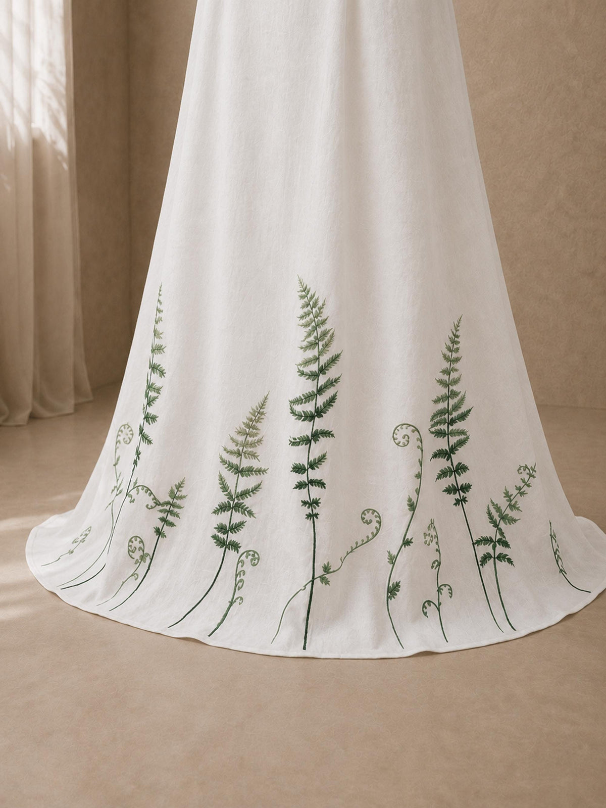VERONA | Linen Wedding Dress | V Neck, Flared Sleeves & Fern Motifs | MADE TO MEASURE