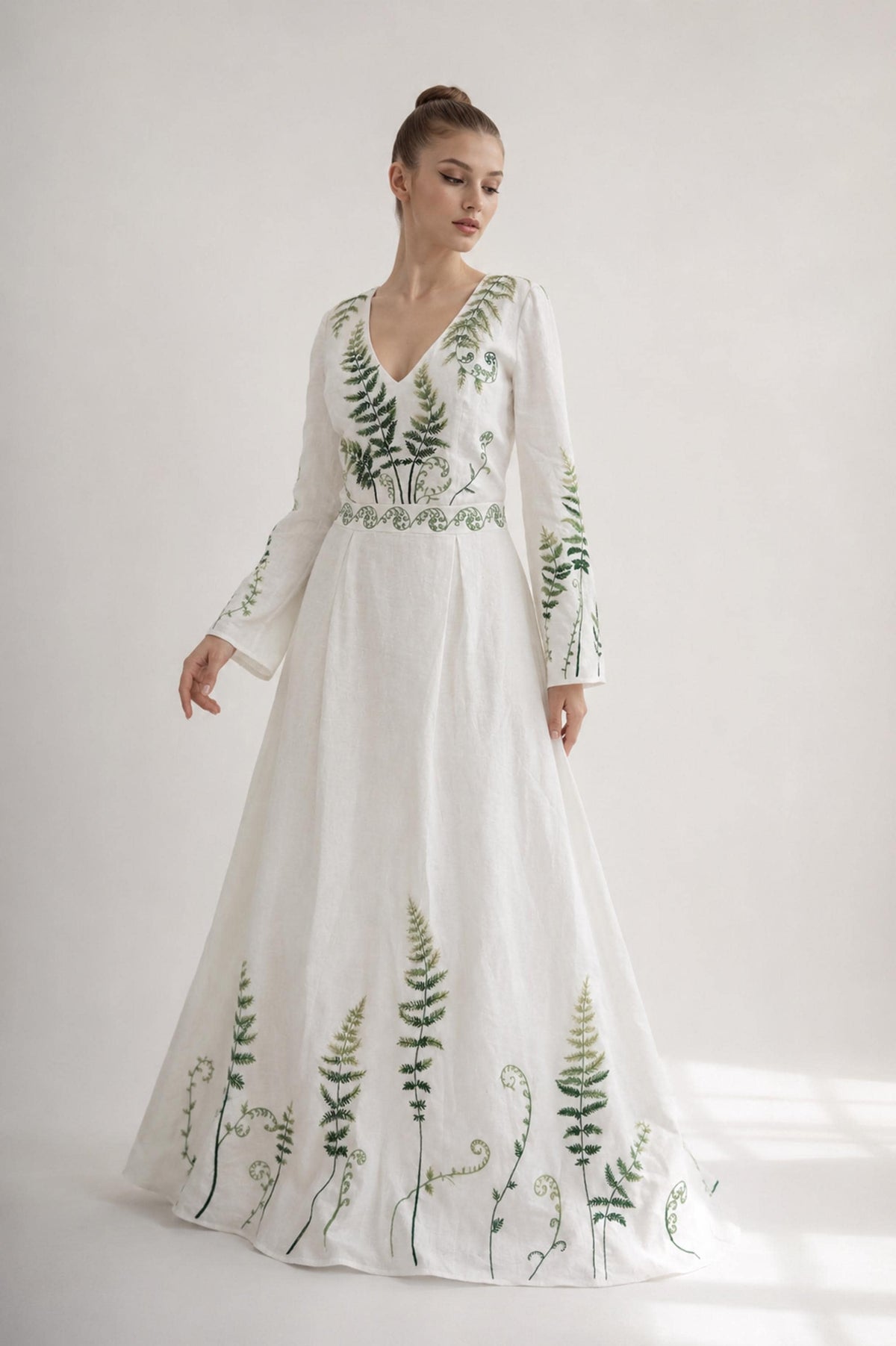 VERONA | Linen Wedding Dress | V Neck, Flared Sleeves & Fern Motifs | MADE TO MEASURE