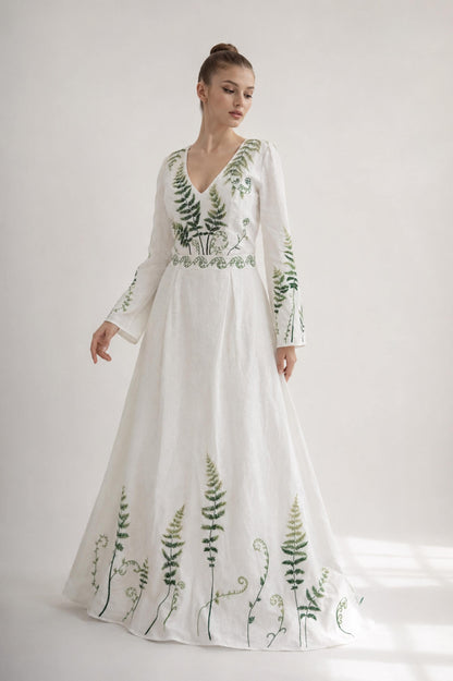 VERONA | Linen Wedding Dress | V Neck, Flared Sleeves & Fern Motifs | MADE TO MEASURE