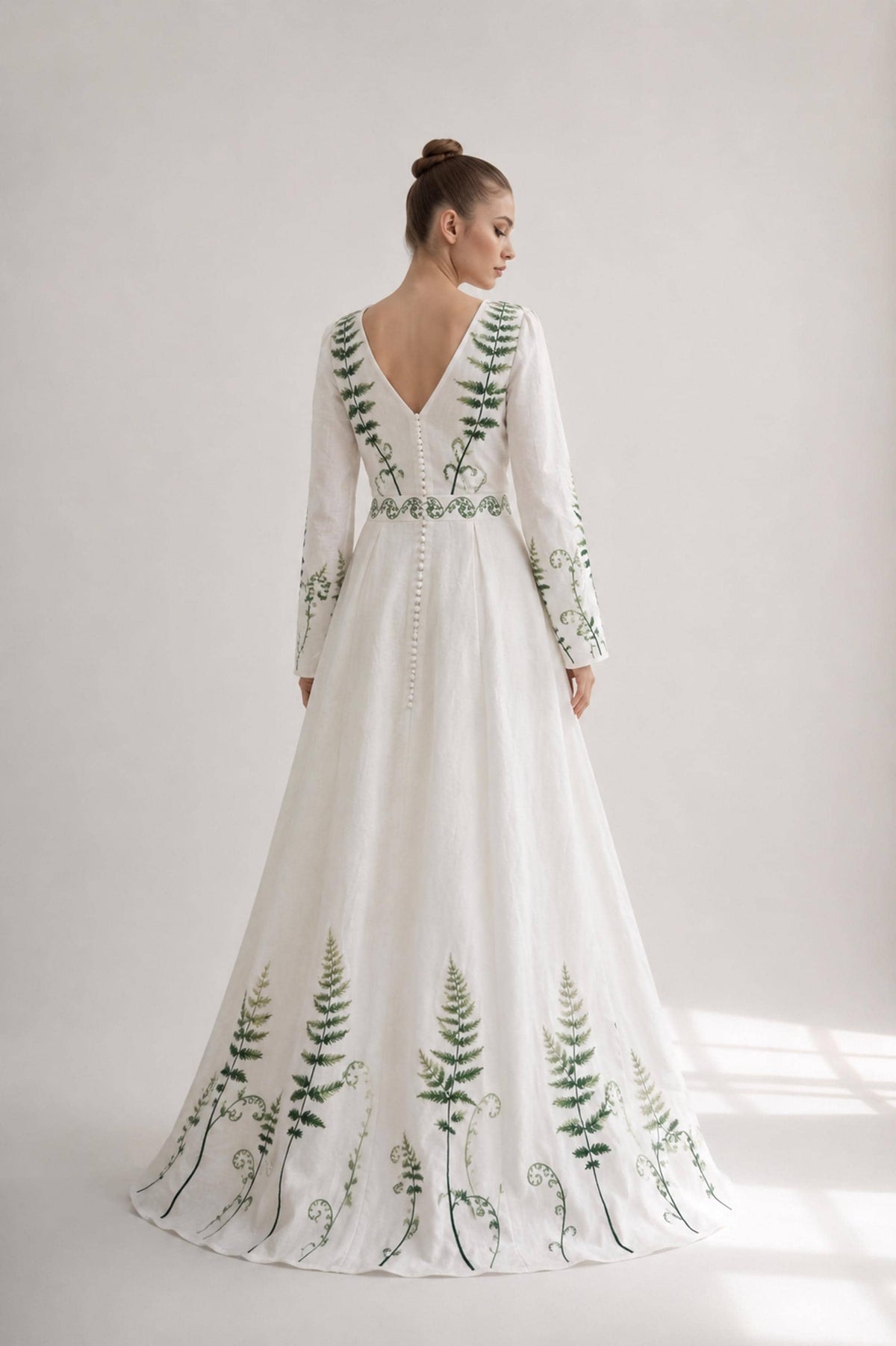 VERONA | Linen Wedding Dress | V Neck, Flared Sleeves & Fern Motifs | MADE TO MEASURE