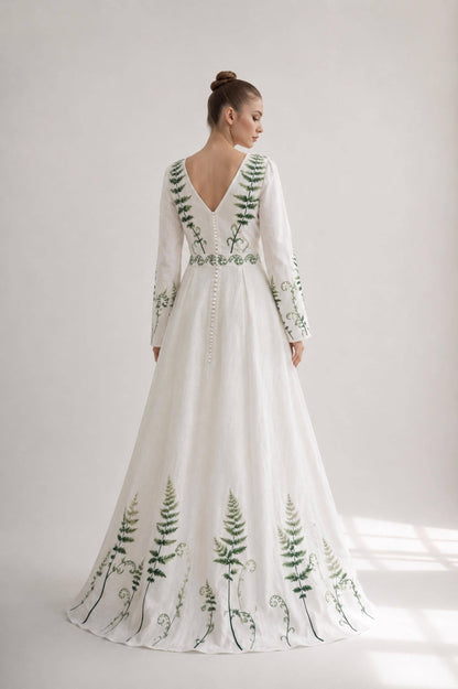 VERONA | Linen Wedding Dress | V Neck, Flared Sleeves & Fern Motifs | MADE TO MEASURE