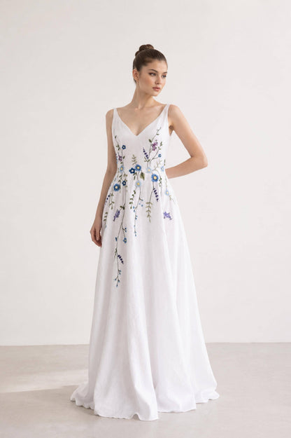 CERULIA | Linen Wedding Dress | Blue Floral Details, V Neck & A-Line Silhouette | MADE TO MEASURE