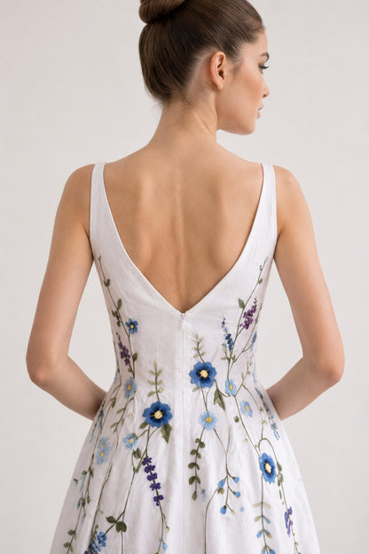 CERULIA | Linen Wedding Dress | Blue Floral Details, V Neck & A-Line Silhouette | MADE TO MEASURE