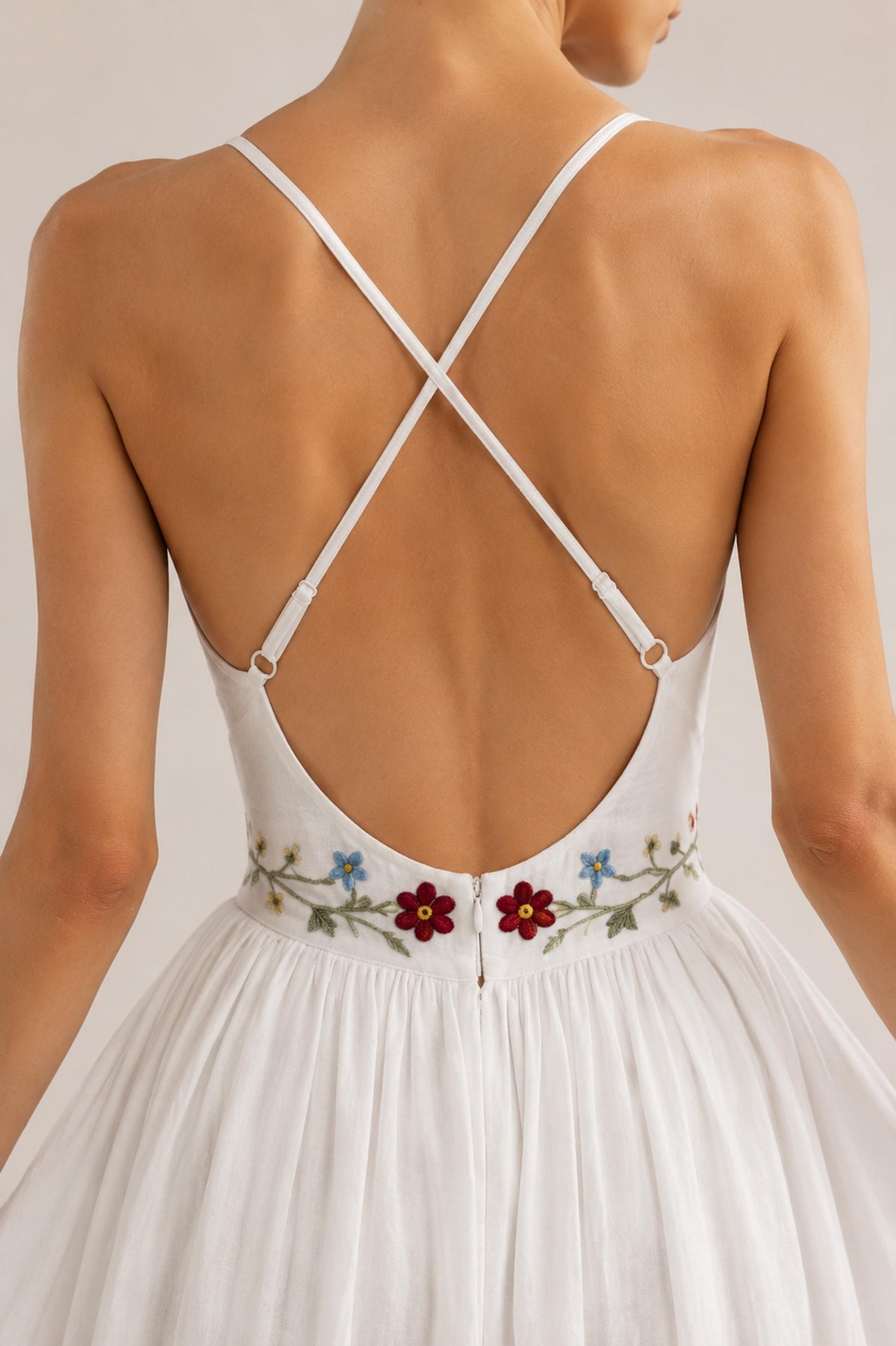 VIRELLE | Linen Wedding Dress | Colorful Floral Details, V Neck & Cross Back | MADE TO MEASURE
