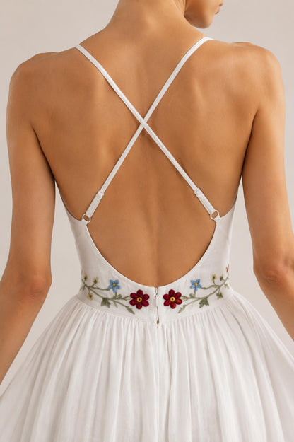 VIRELLE | Linen Wedding Dress | Colorful Floral Details, V Neck & Cross Back | MADE TO MEASURE