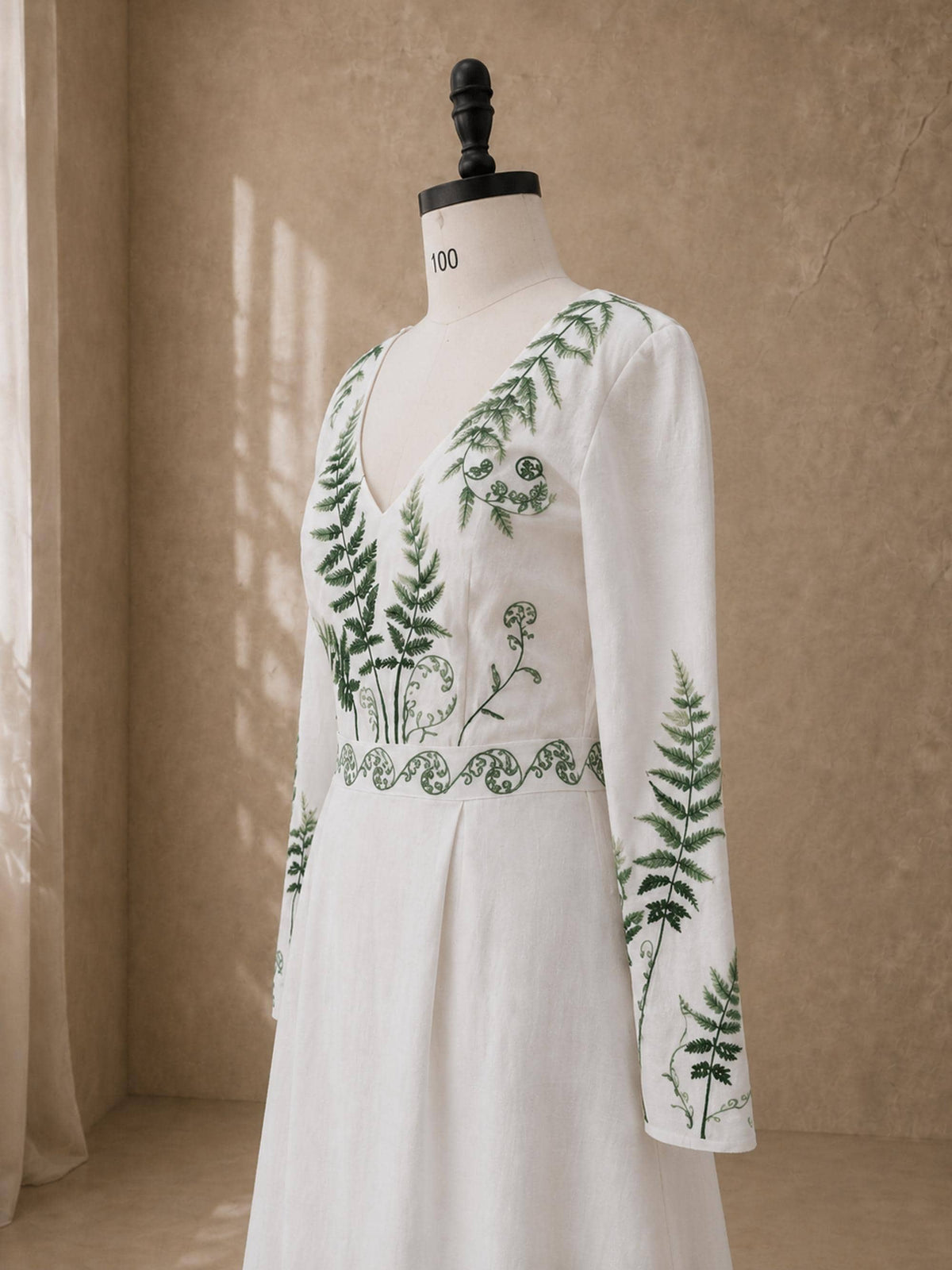 VERONA | Linen Wedding Dress | V Neck, Flared Sleeves & Fern Motifs | MADE TO MEASURE