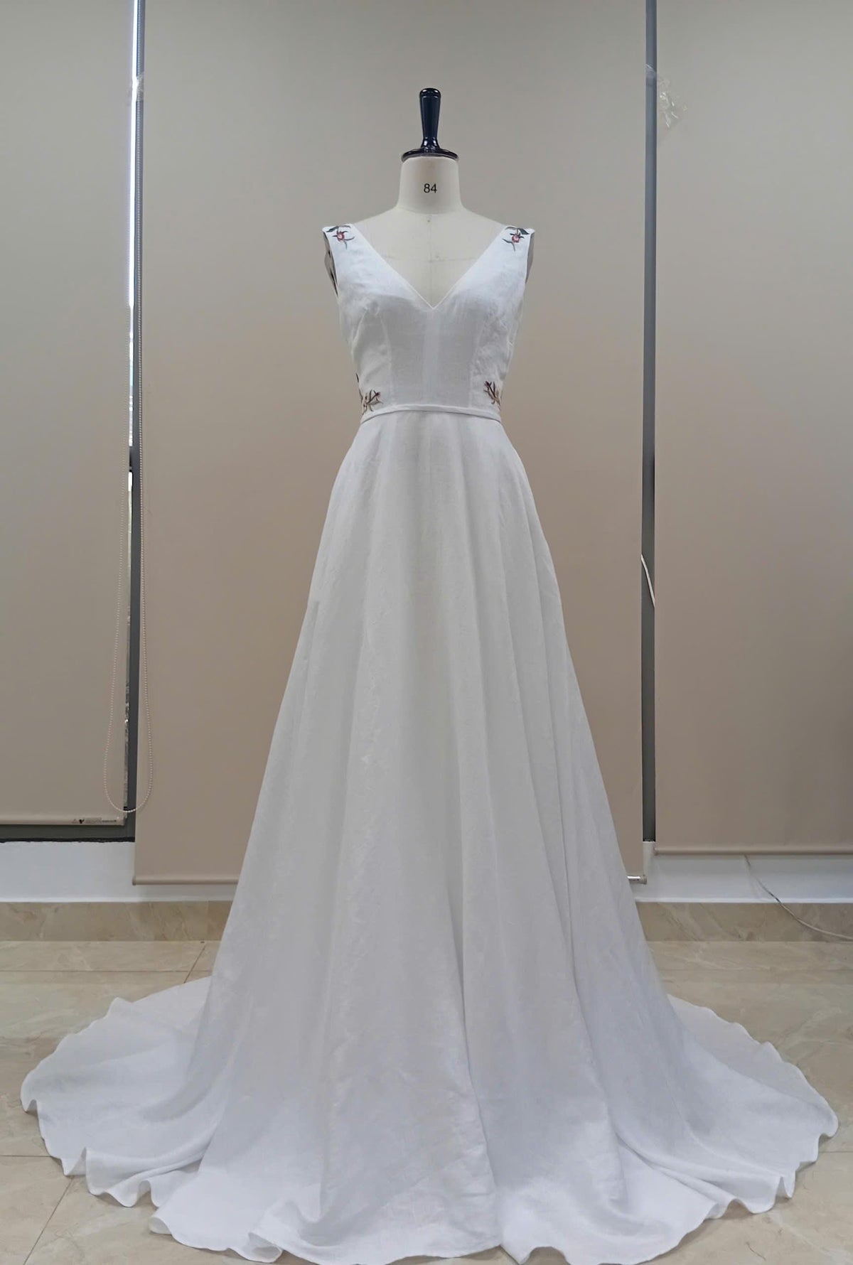 LENA | Linen Wedding Dress | Deep V Neck, Open Back & Floral Details | MADE TO MEASURE