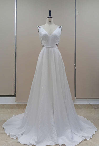 LENA | Linen Wedding Dress | Deep V Neck, Open Back & Floral Details | MADE TO MEASURE
