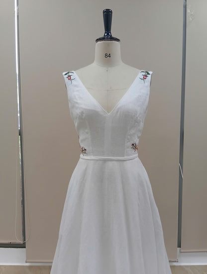 LENA | Linen Wedding Dress | Deep V Neck, Open Back & Floral Details | MADE TO MEASURE