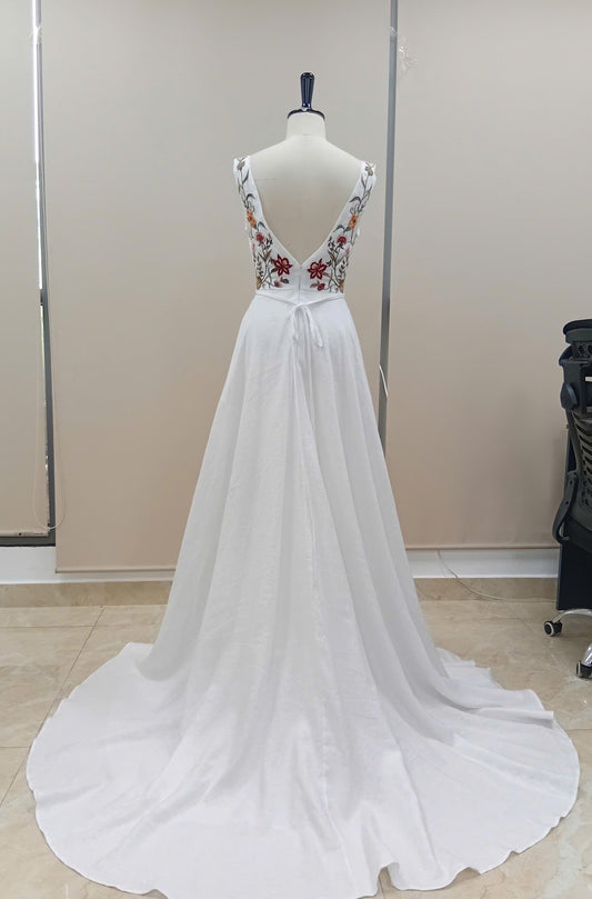 LENA wedding dress — White with Blue and Multicolored Floral Detailing