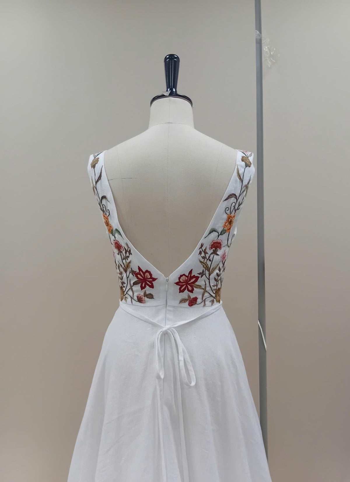 LENA | Linen Wedding Dress | Deep V Neck, Open Back & Floral Details | MADE TO MEASURE
