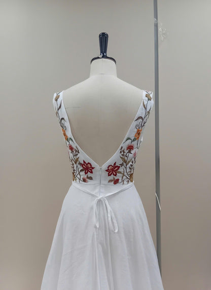 LENA | Linen Wedding Dress | Deep V Neck, Open Back & Floral Details | MADE TO MEASURE