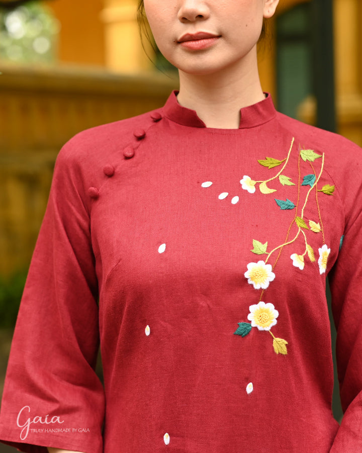 Linen Ao Dai Vietnamese dress with handmade embroidery