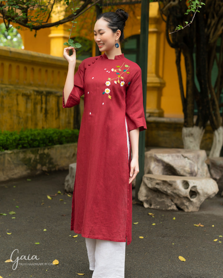 Linen Ao Dai Vietnamese dress with handmade embroidery