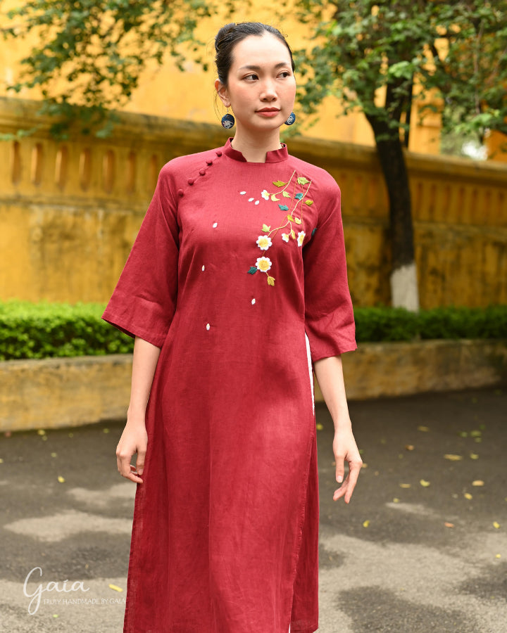 Linen Ao Dai Vietnamese dress with handmade embroidery