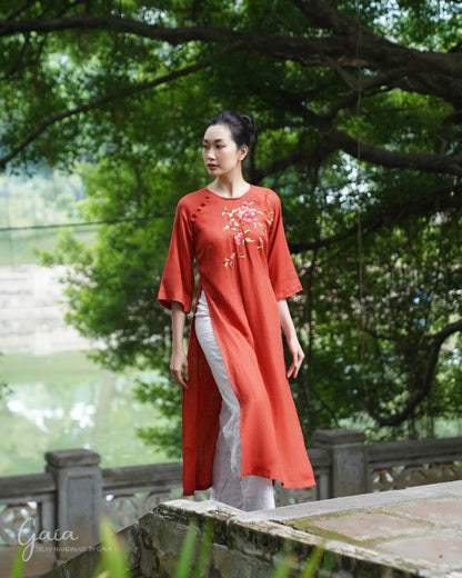 Linen Ao Dai Vietnamese dress with handmade embroidery