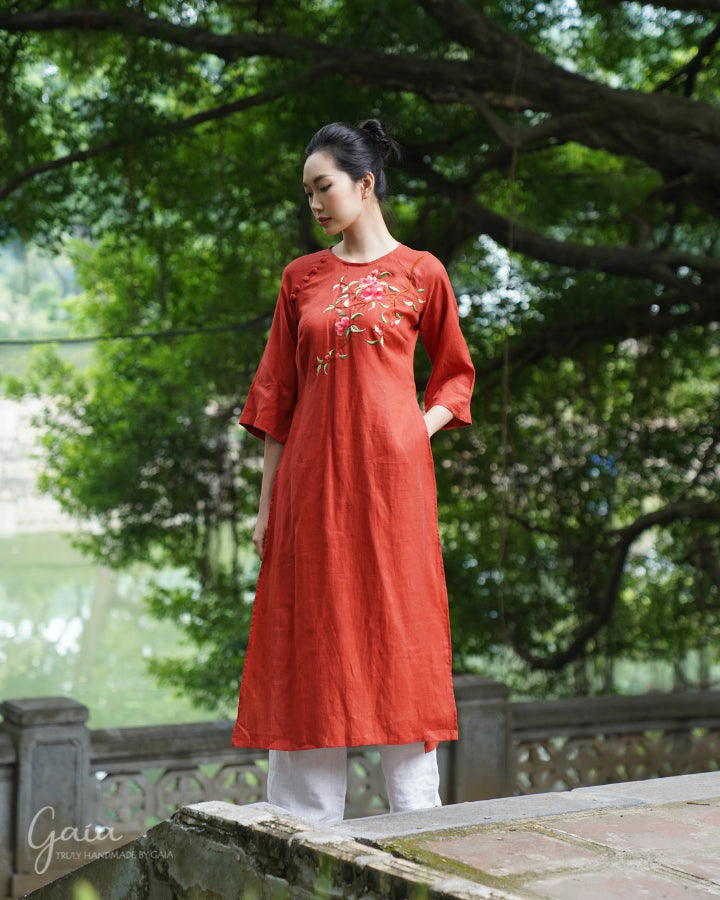 Linen Ao Dai Vietnamese dress with handmade embroidery