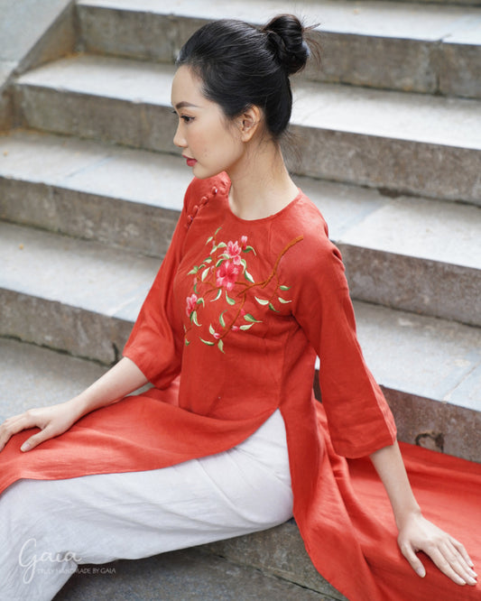 Linen Ao Dai Vietnamese dress with handmade embroidery