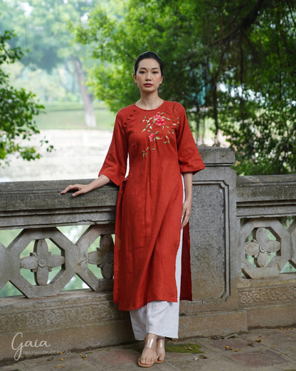 Linen Ao Dai Vietnamese dress with handmade embroidery