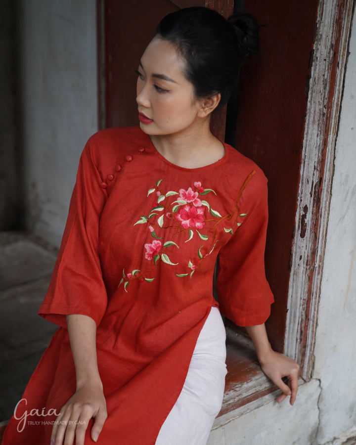 Linen Ao Dai Vietnamese dress with handmade embroidery