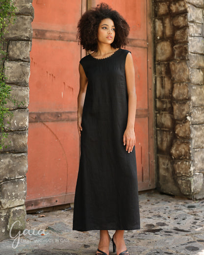 Linen black sleeveless maxi dress