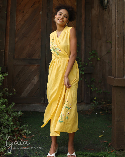 Linen boho dress with handmade embroidery