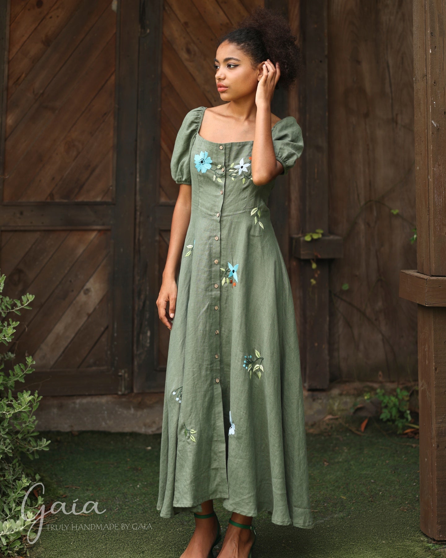 Hand embroidered linen button down dress