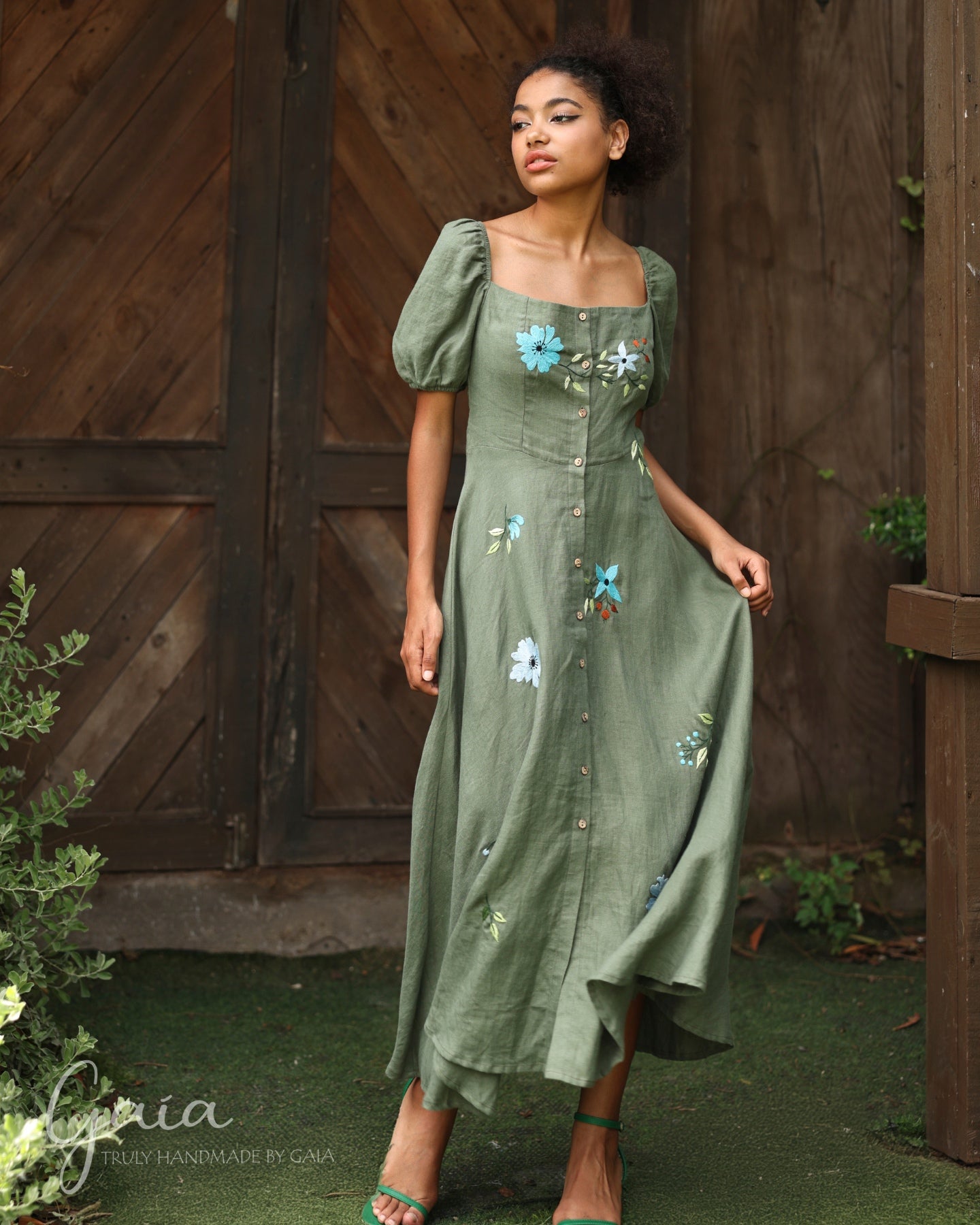 Hand embroidered linen button down dress