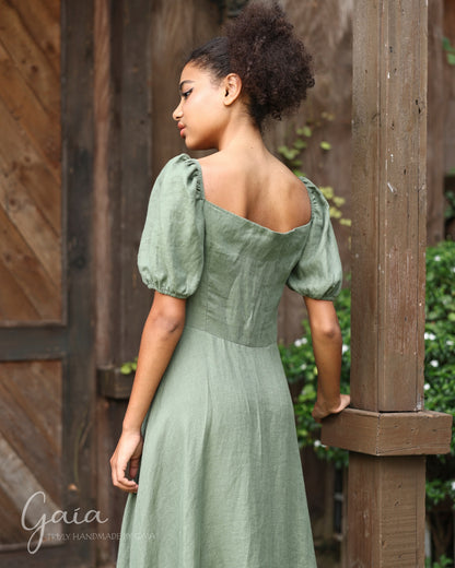 Hand embroidered linen button down dress