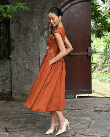 Linen button dress with hand embroidery
