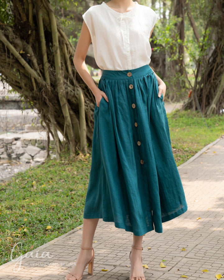 Linen button front skirt