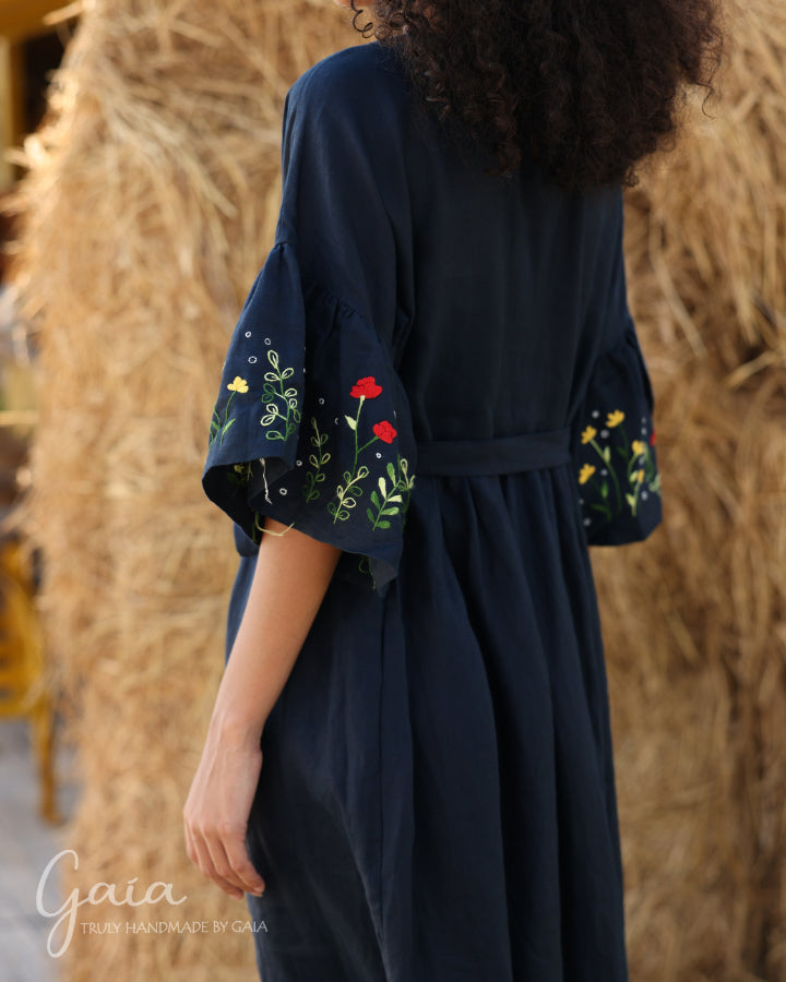 Linen casual maxi dress with handmade embroidery MIRA