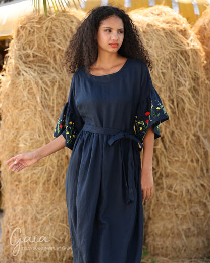 Linen casual maxi dress with handmade embroidery MIRA