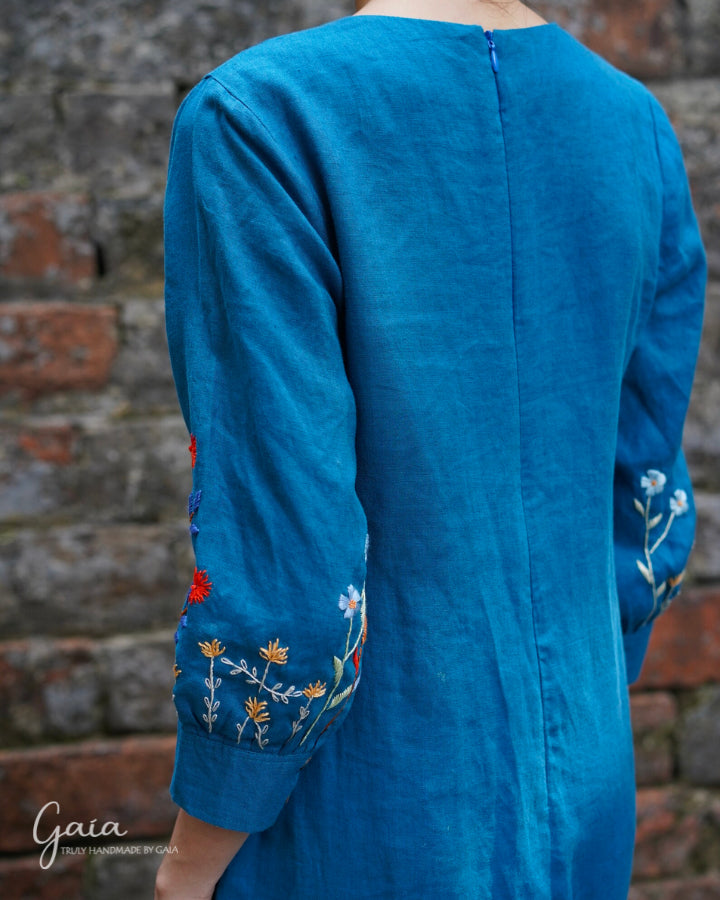 Linen cocktail dress with handmade embroidery KAI