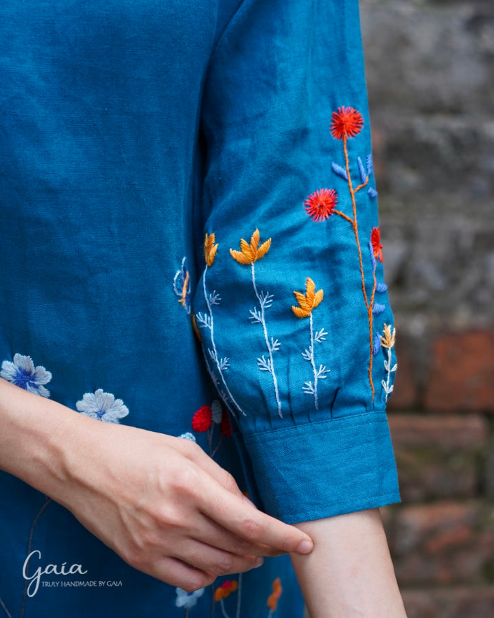 Linen cocktail dress with handmade embroidery KAI