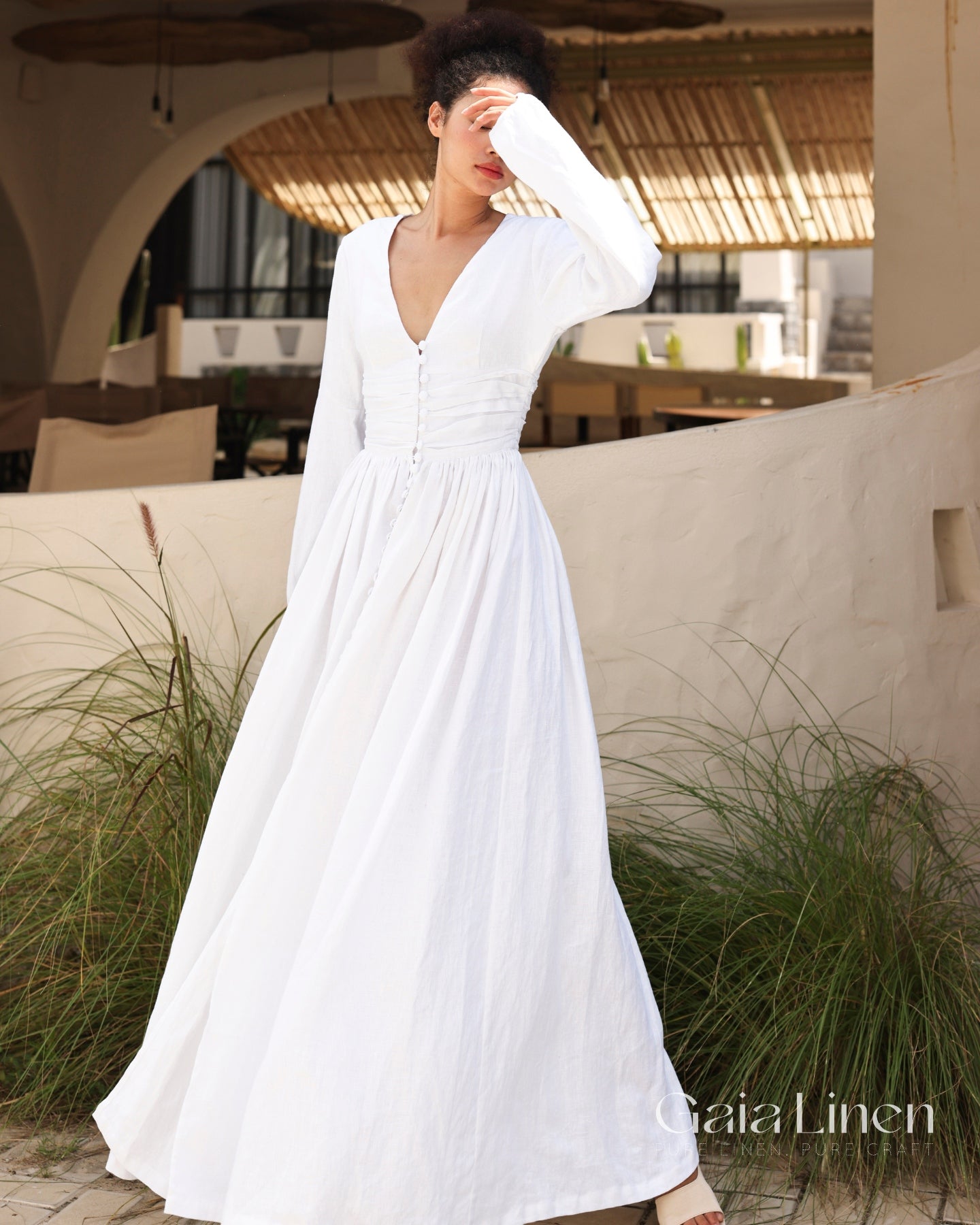 Linen deep V-neck maxi dress AINE